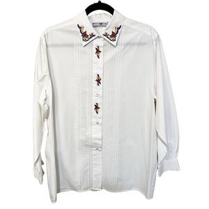 White Stag Vintage 10 Button Up Shirt Floral Embroidery Pleated White